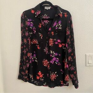 Express Portofino Size Large Black Floral Top button up blouse